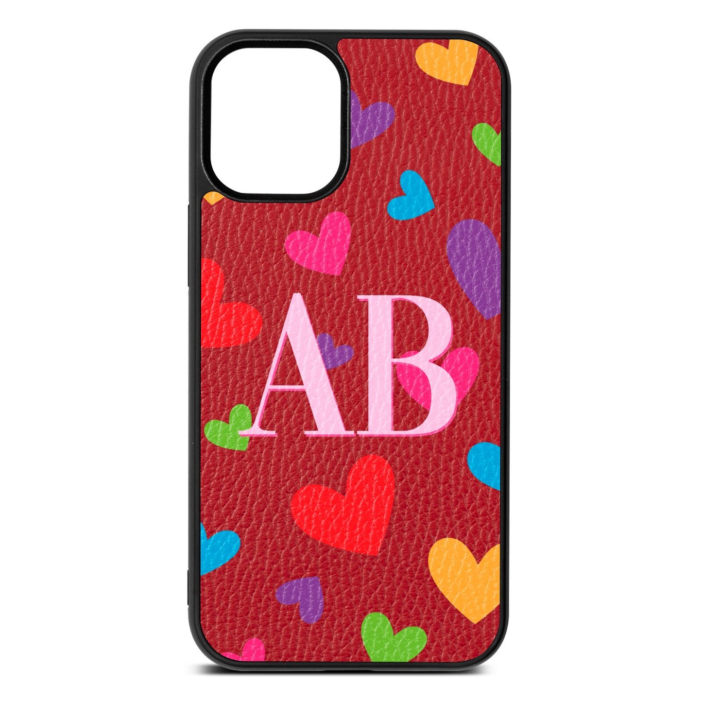 Contrast Initials Heart Print Red Pebble Leather iPhone 12 Mini Case