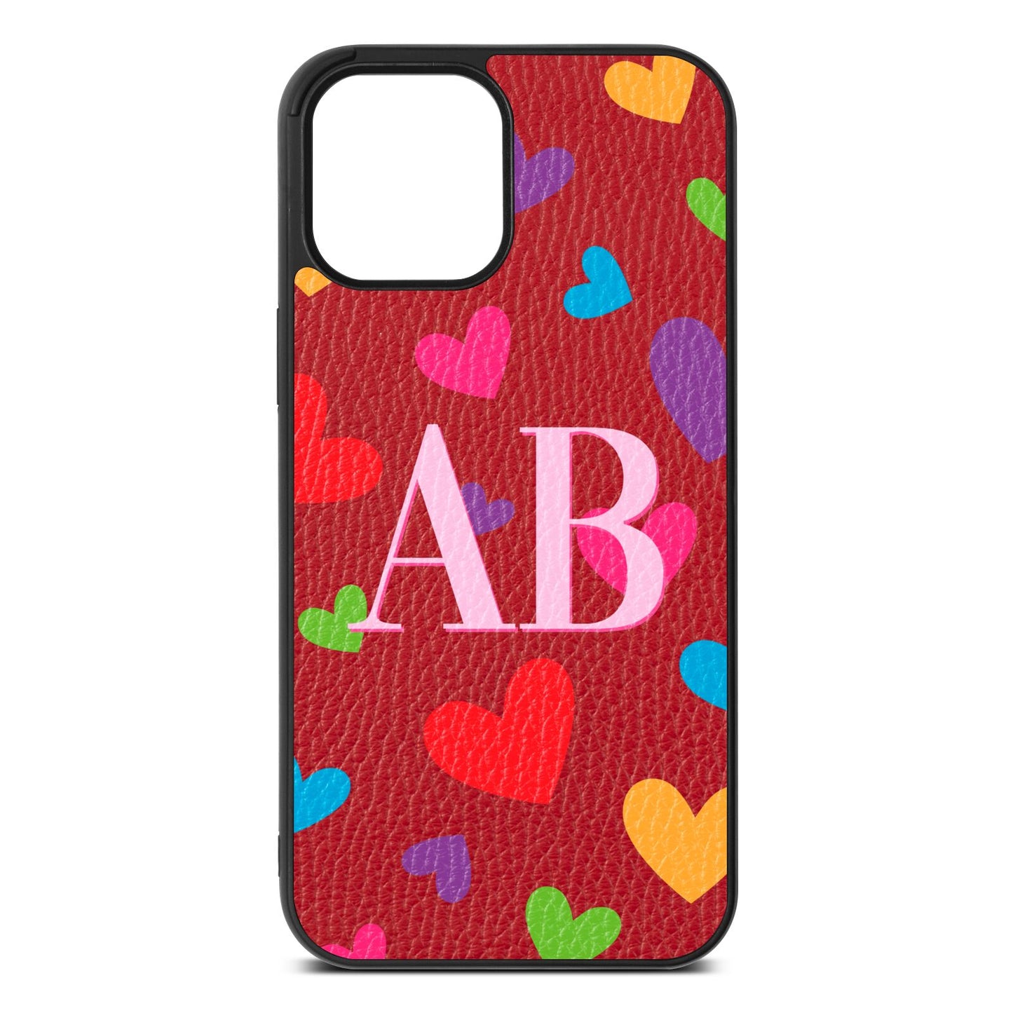 Contrast Initials Heart Print Red Pebble Leather iPhone 12 Pro Max Case