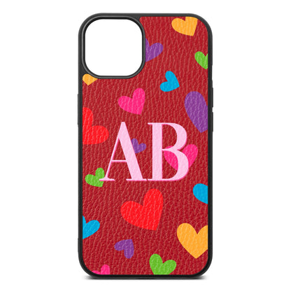 Contrast Initials Heart Print Red Pebble Leather iPhone 13 Case