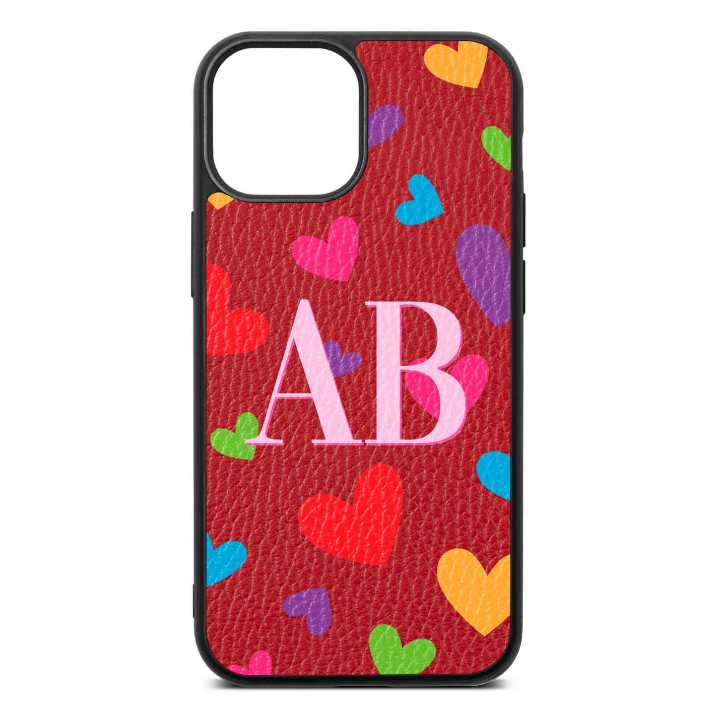 Contrast Initials Heart Print Red Pebble Leather iPhone 13 Mini Case