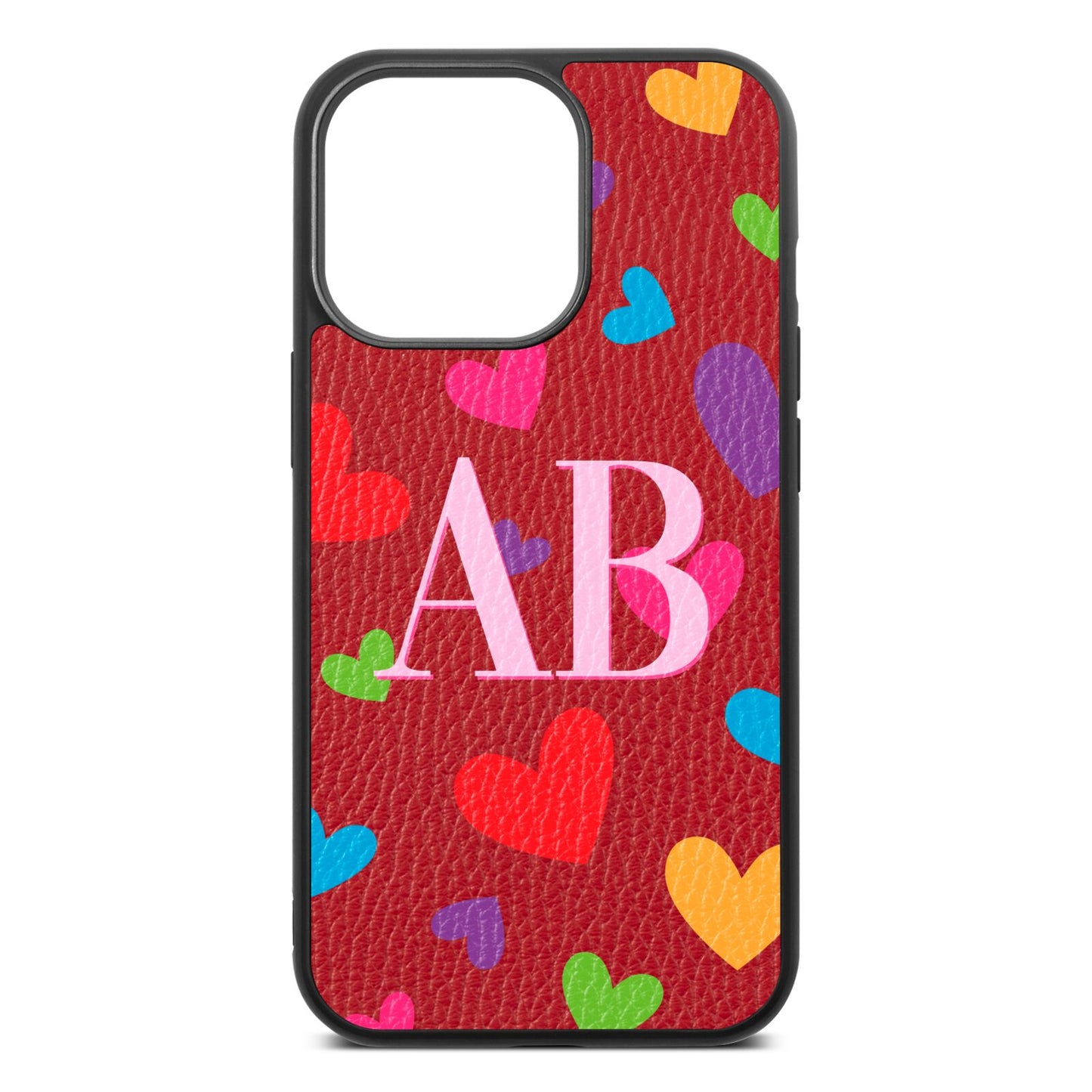 Contrast Initials Heart Print Red Pebble Leather iPhone 13 Pro Case