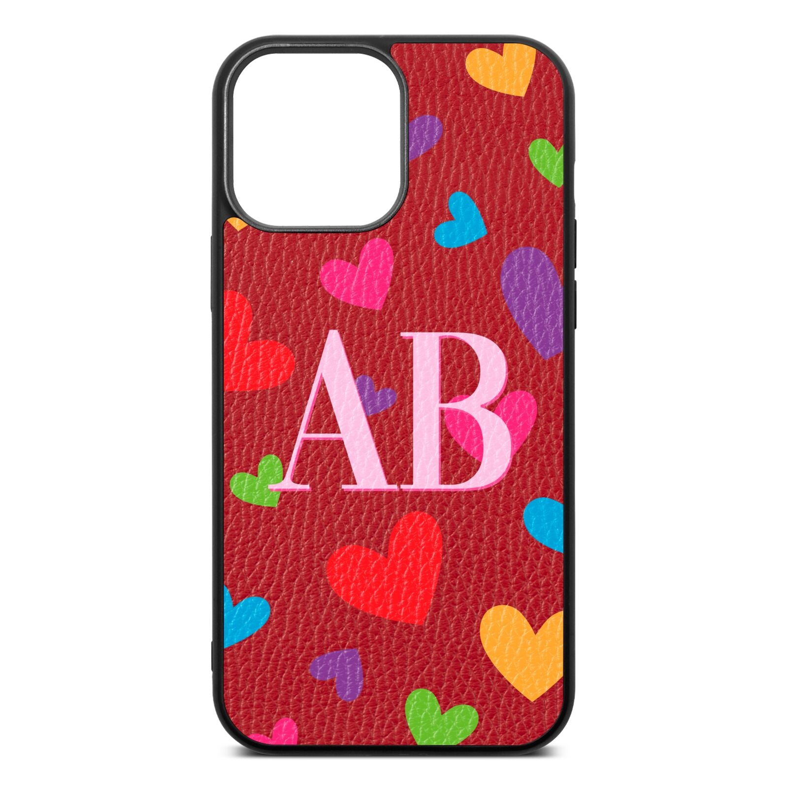 Contrast Initials Heart Print Red Pebble Leather iPhone 13 Pro Max Case