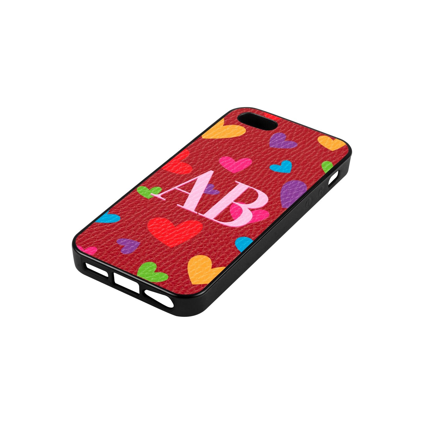 Contrast Initials Heart Print Red Pebble Leather iPhone 5 Case Side Angle