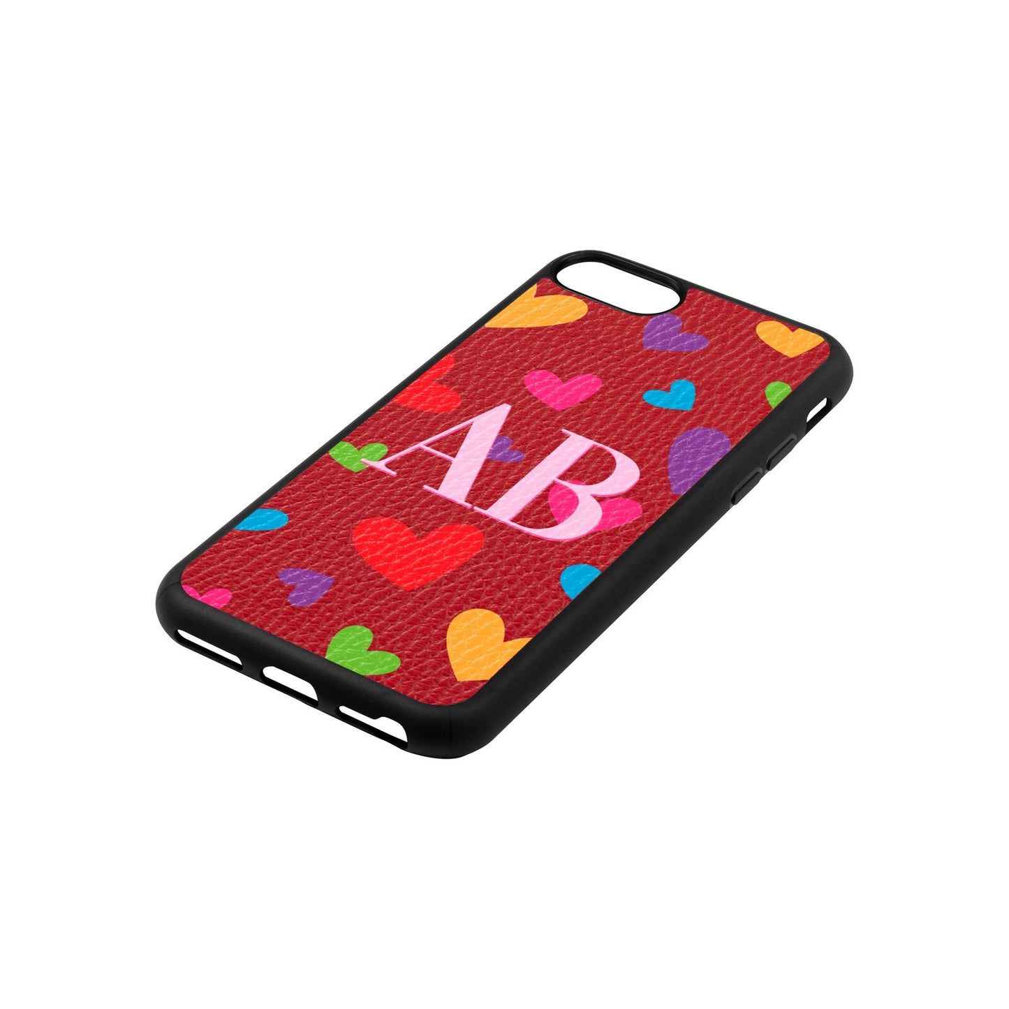 Contrast Initials Heart Print Red Pebble Leather iPhone 8 Case Side Angle