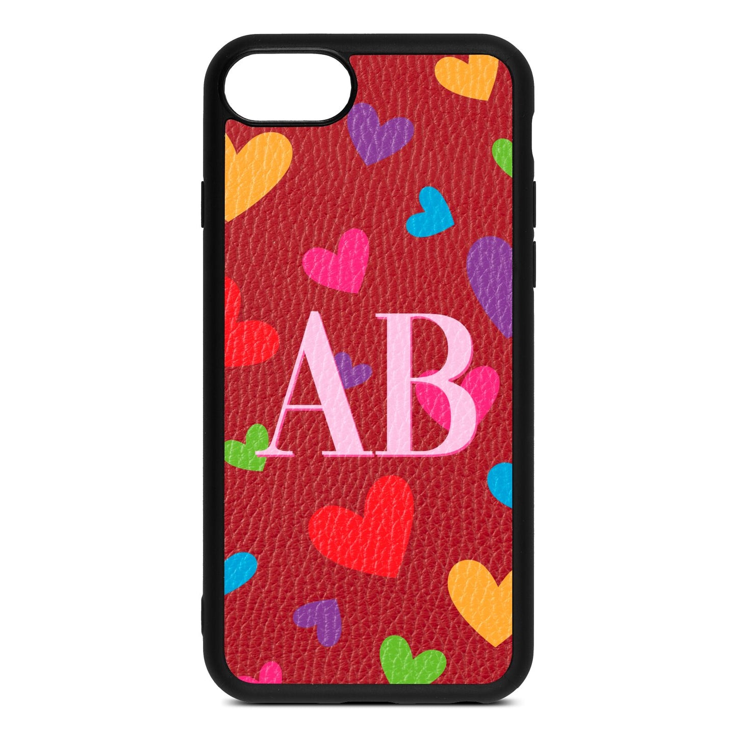 Contrast Initials Heart Print Red Pebble Leather iPhone 8 Case