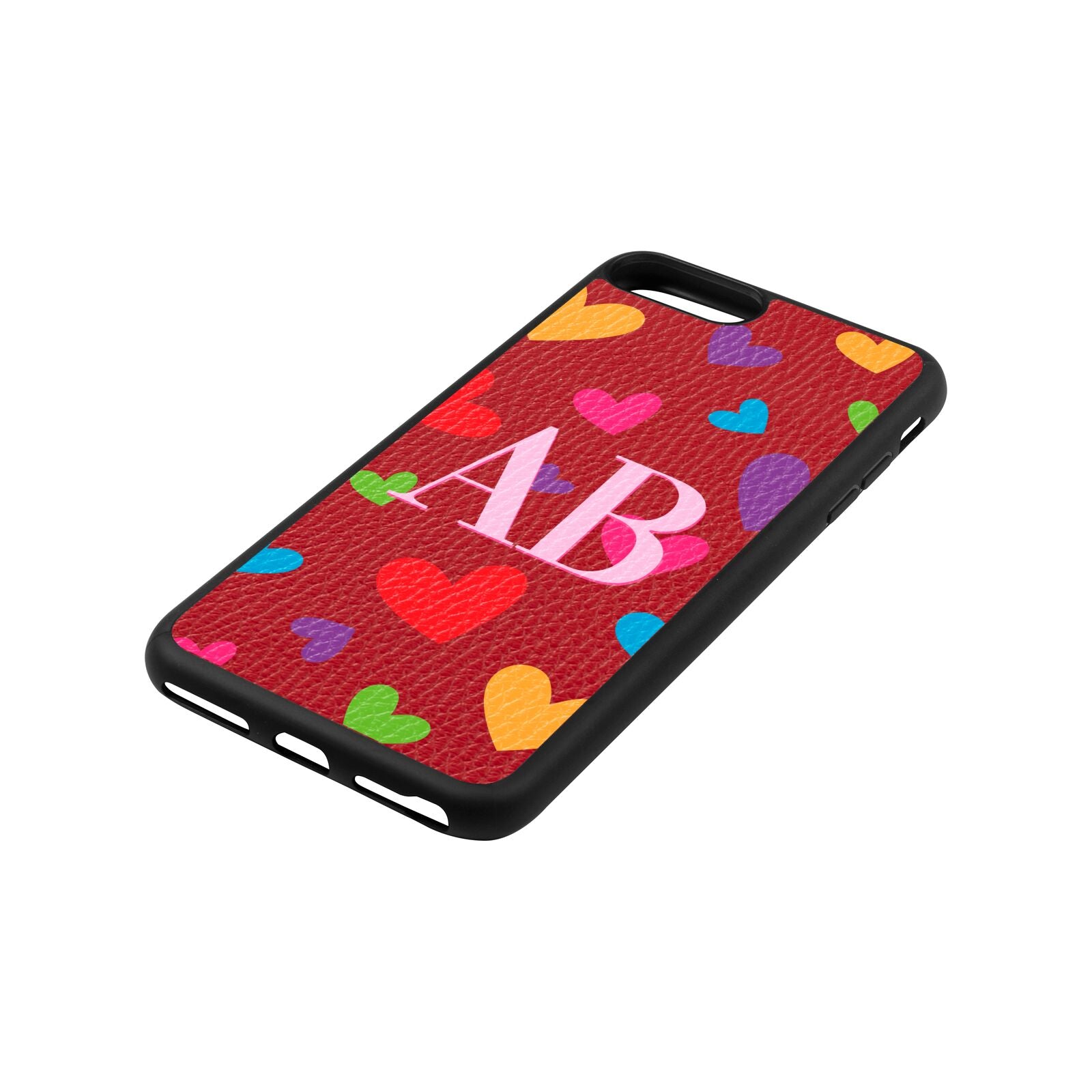 Contrast Initials Heart Print Red Pebble Leather iPhone 8 Plus Case Side Angle