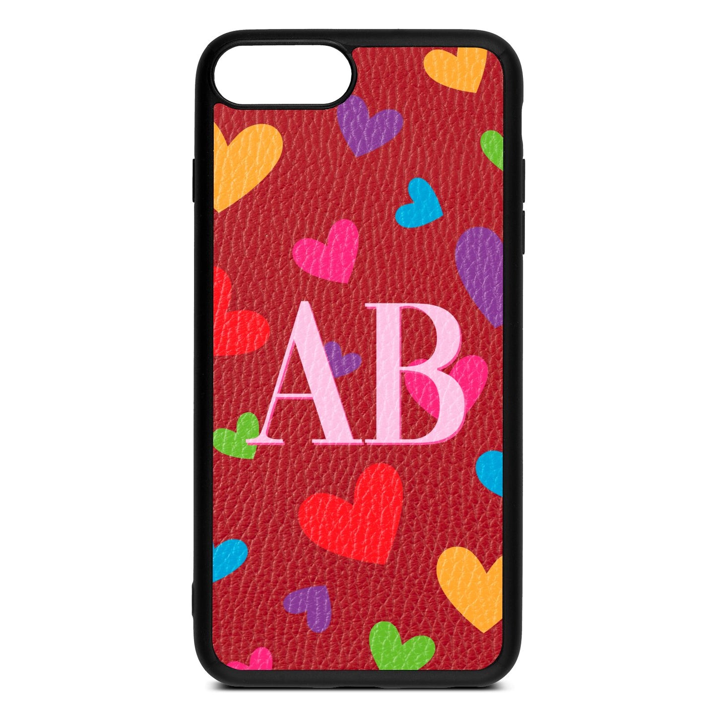 Contrast Initials Heart Print Red Pebble Leather iPhone 8 Plus Case