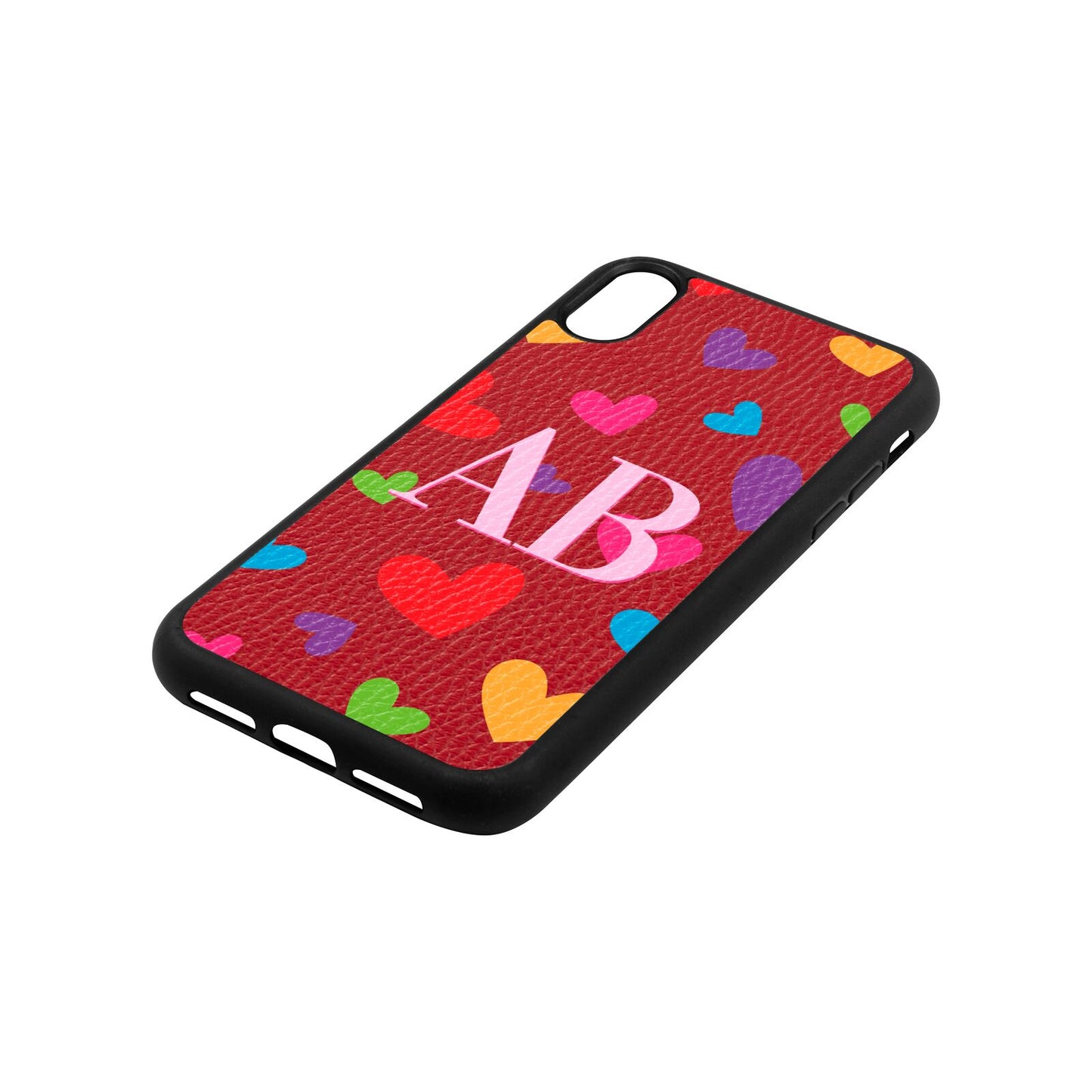 Contrast Initials Heart Print Red Pebble Leather iPhone Xr Case Side Angle