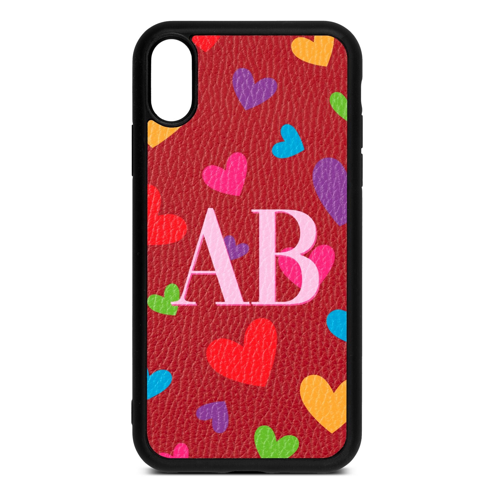 Contrast Initials Heart Print Red Pebble Leather iPhone Xr Case