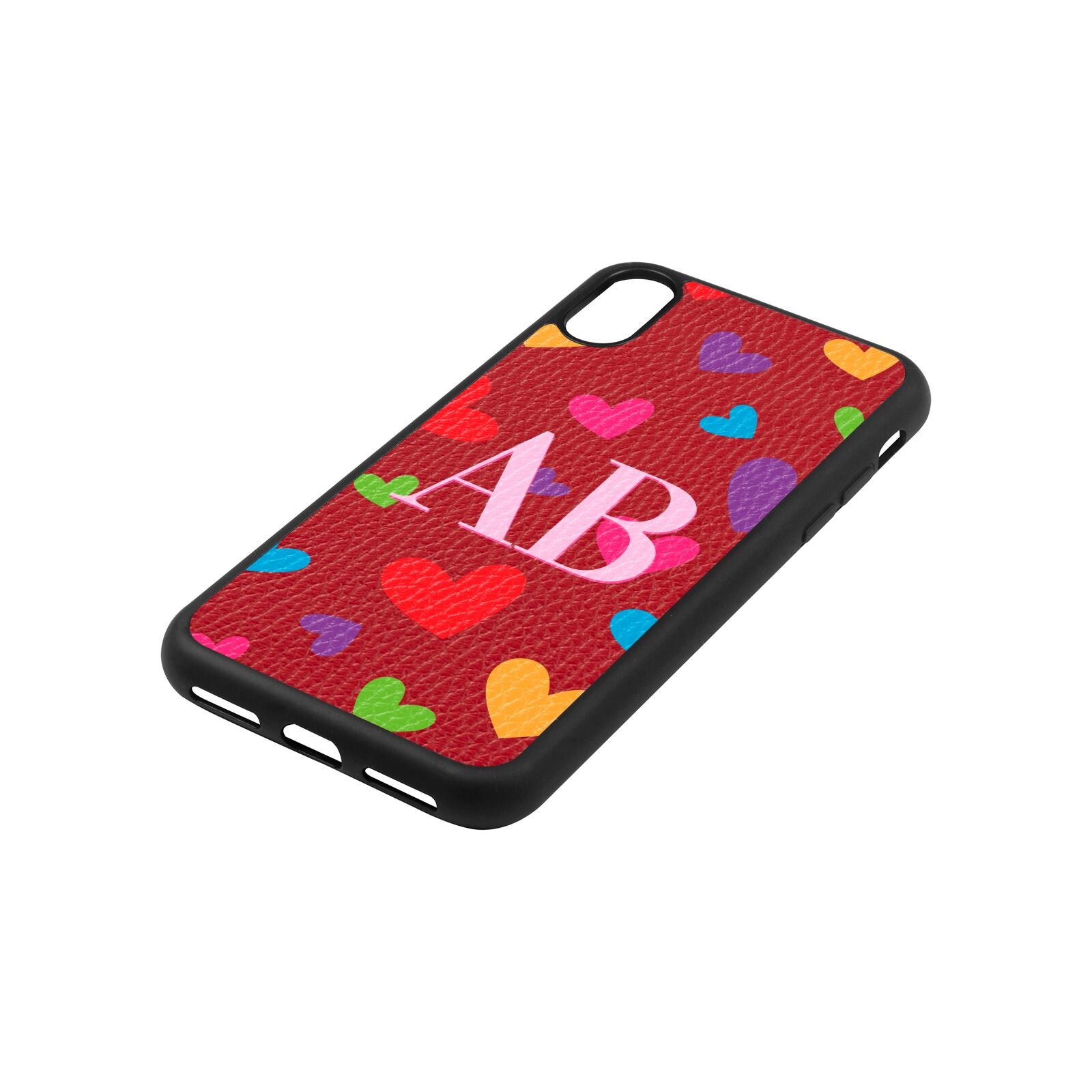 Contrast Initials Heart Print Red Pebble Leather iPhone Xs Case Side Angle