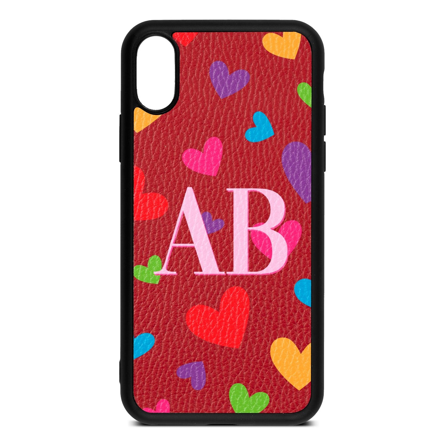 Contrast Initials Heart Print Red Pebble Leather iPhone Xs Case