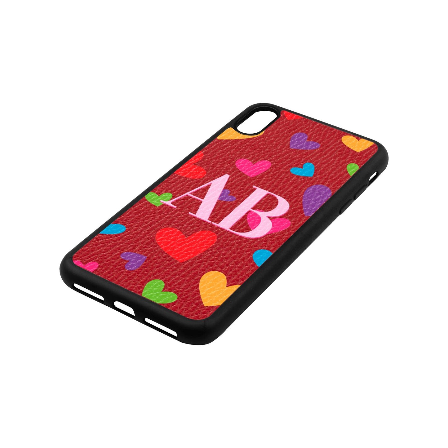 Contrast Initials Heart Print Red Pebble Leather iPhone Xs Max Case Side Angle