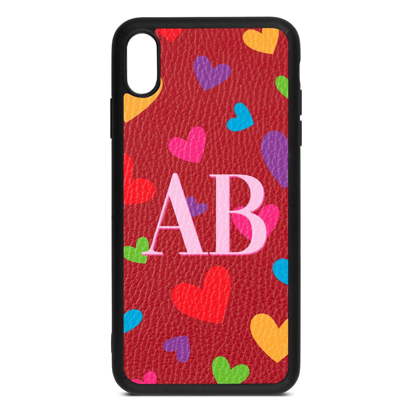 Contrast Initials Heart Print Red Pebble Leather iPhone Xs Max Case