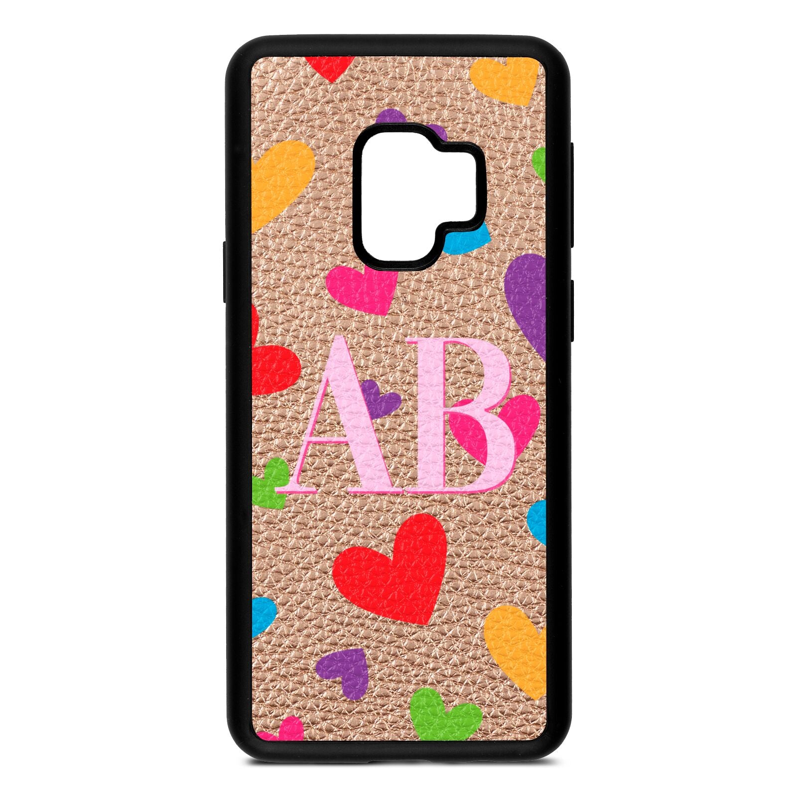 Contrast Initials Heart Print Rose Gold Pebble Leather Samsung S9 Case