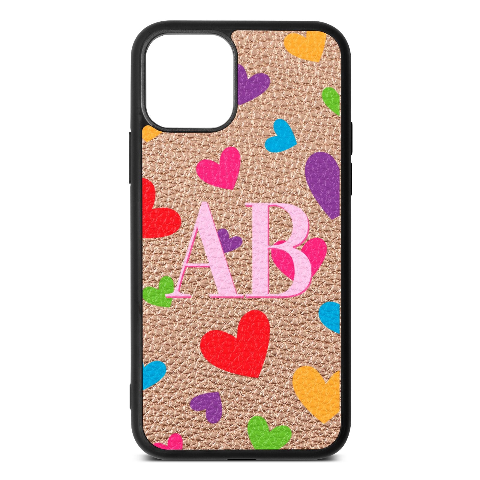 Contrast Initials Heart Print Rose Gold Pebble Leather iPhone 11 Pro Case