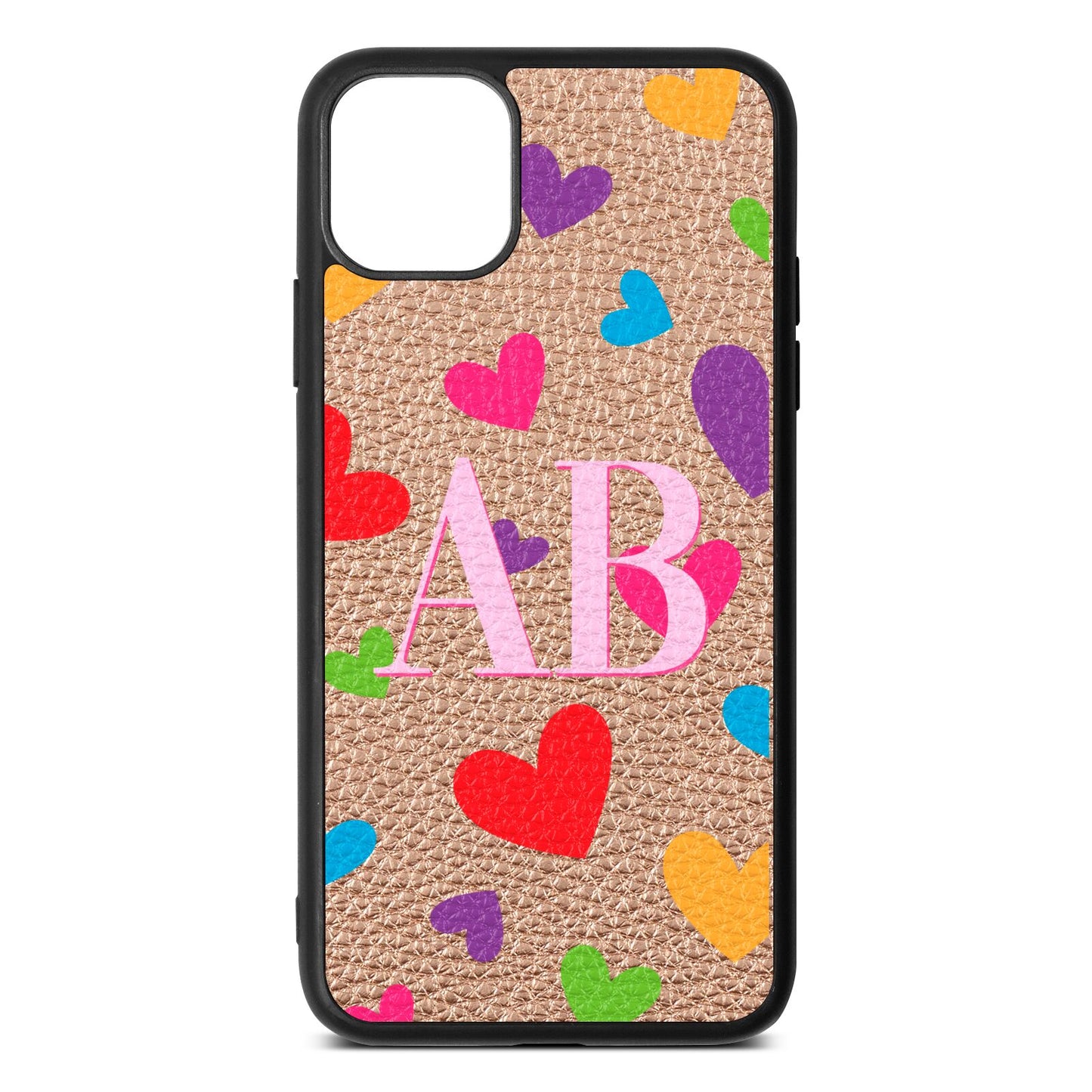 Contrast Initials Heart Print Rose Gold Pebble Leather iPhone 11 Pro Max Case