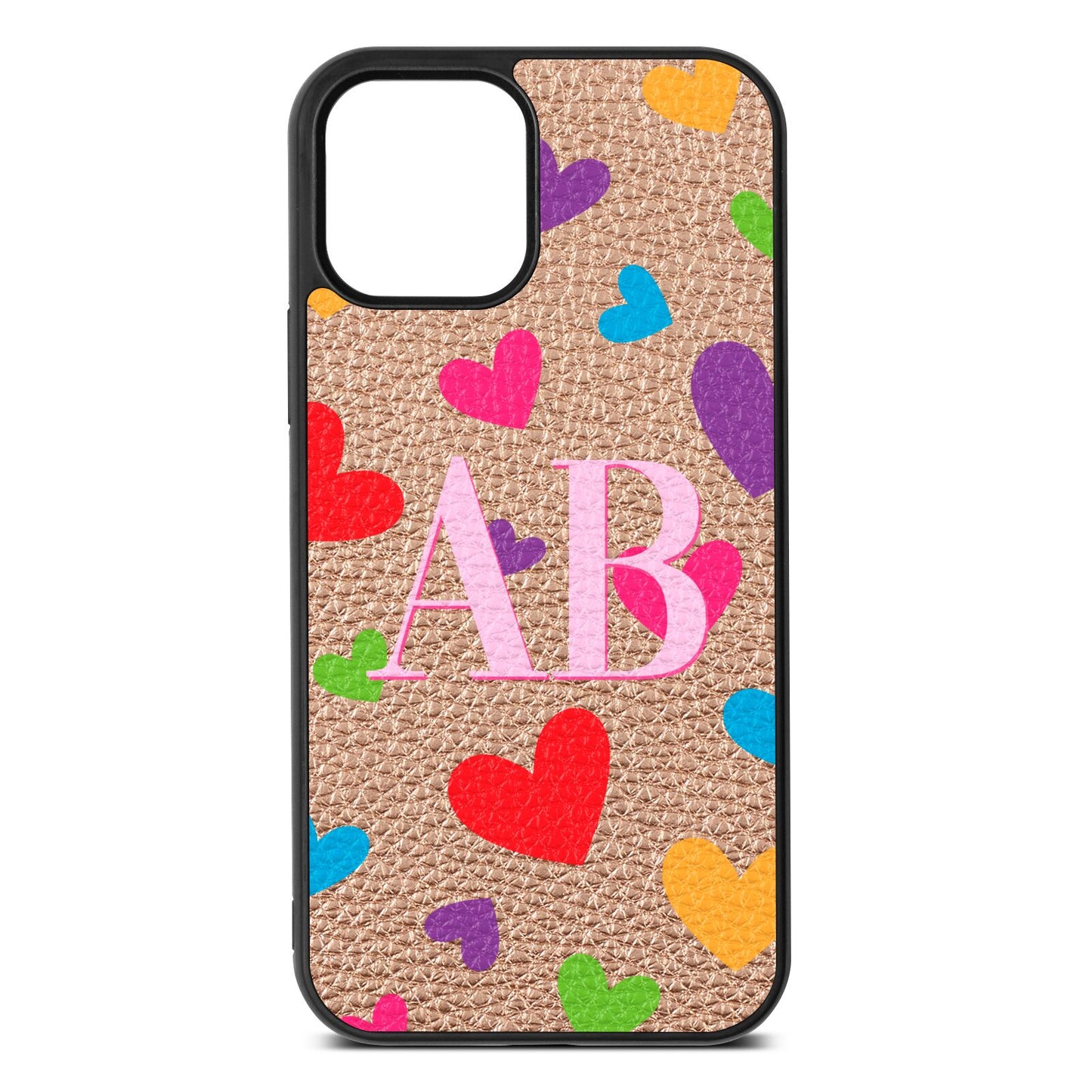 Contrast Initials Heart Print Rose Gold Pebble Leather iPhone 12 Case