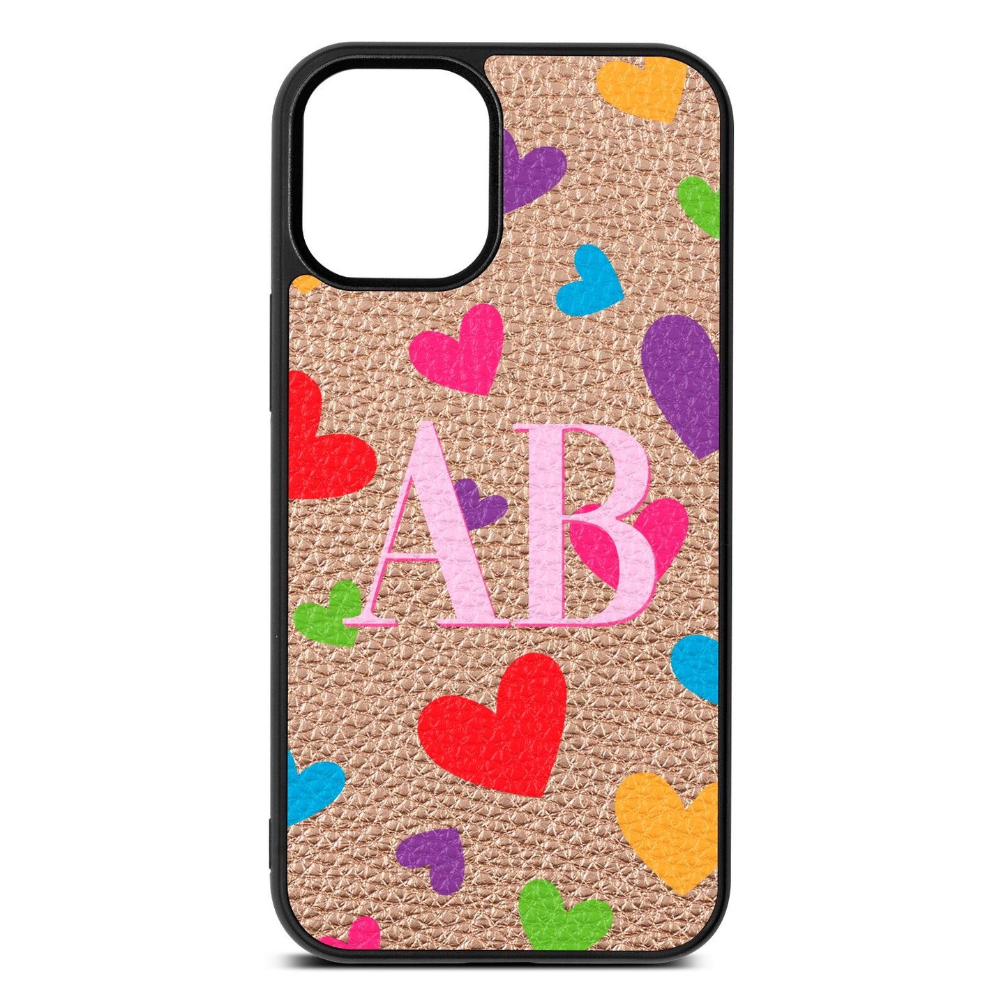 Contrast Initials Heart Print Rose Gold Pebble Leather iPhone 12 Mini Case