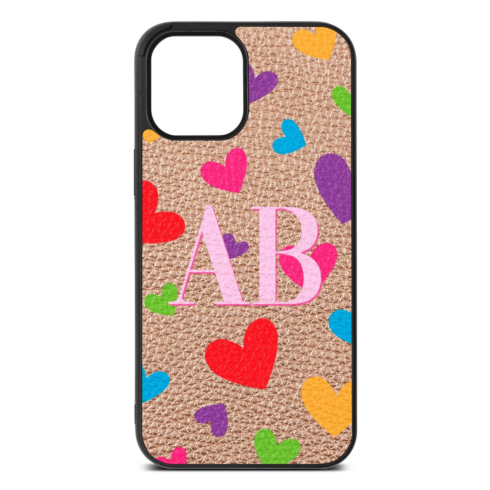 Contrast Initials Heart Print Rose Gold Pebble Leather iPhone 12 Pro Max Case