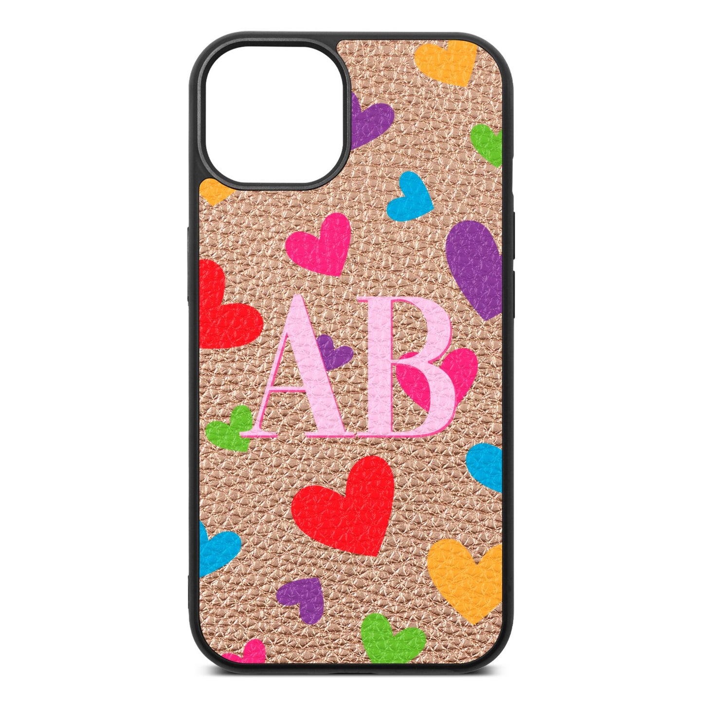 Contrast Initials Heart Print Rose Gold Pebble Leather iPhone 13 Case