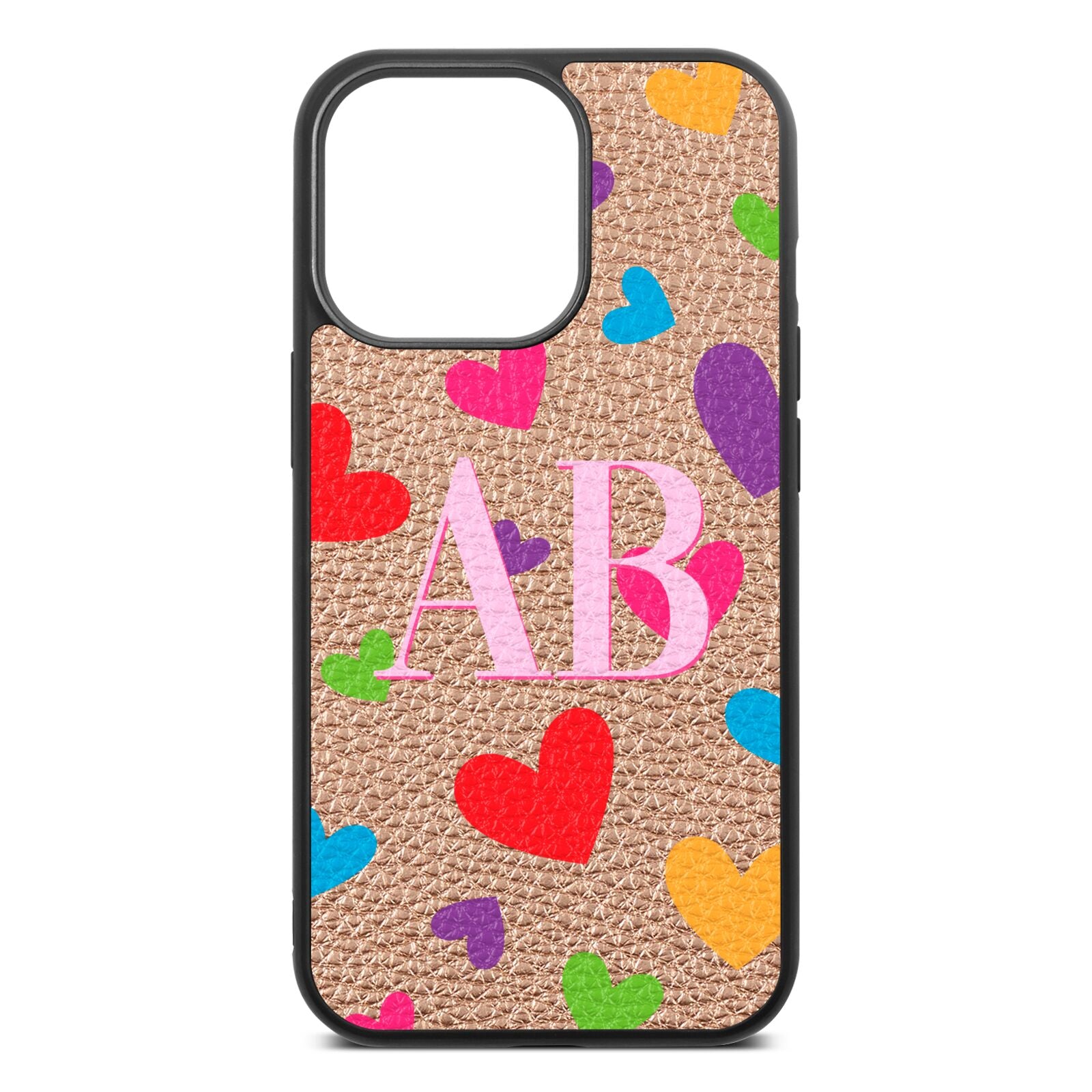 Contrast Initials Heart Print Rose Gold Pebble Leather iPhone 13 Pro Case