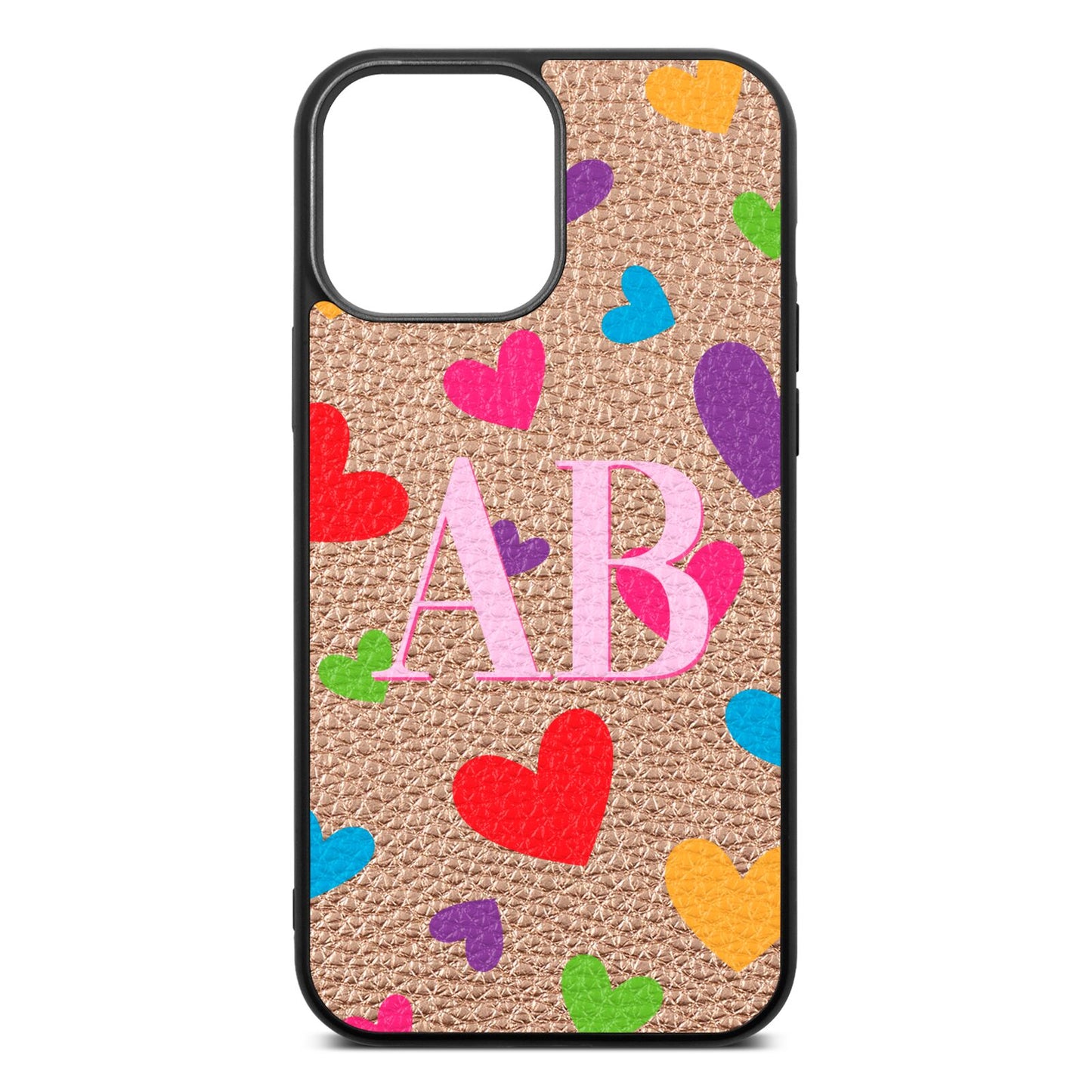 Contrast Initials Heart Print Rose Gold Pebble Leather iPhone 13 Pro Max Case