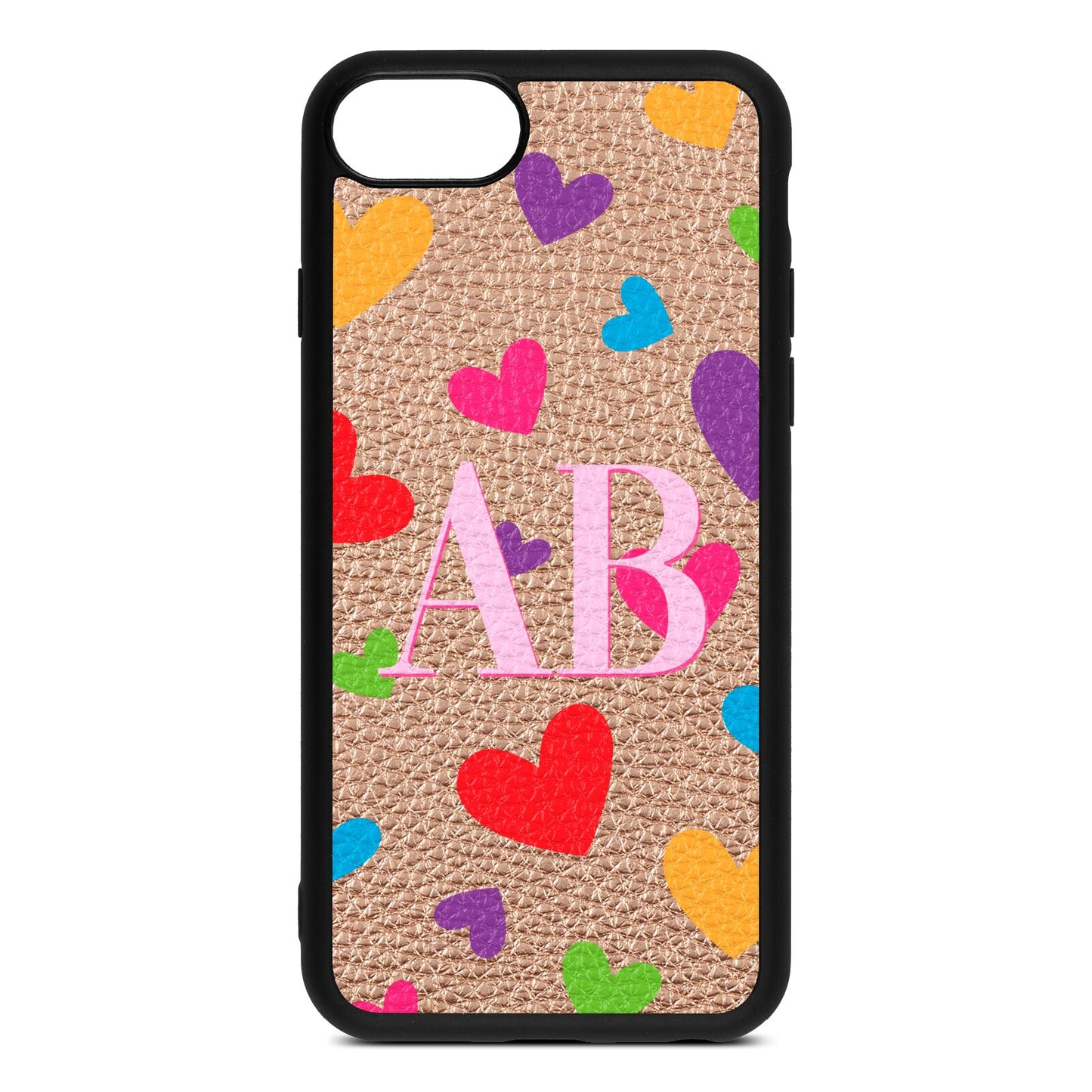 Contrast Initials Heart Print Rose Gold Pebble Leather iPhone 8 Case