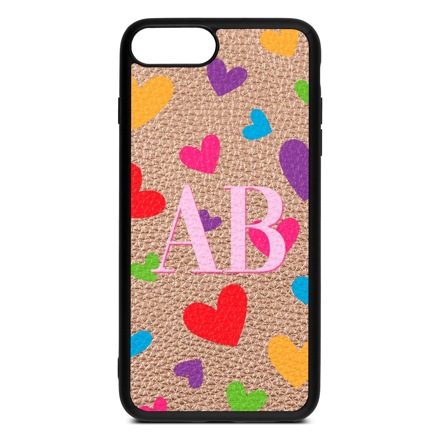 Contrast Initials Heart Print Rose Gold Pebble Leather iPhone 8 Plus Case