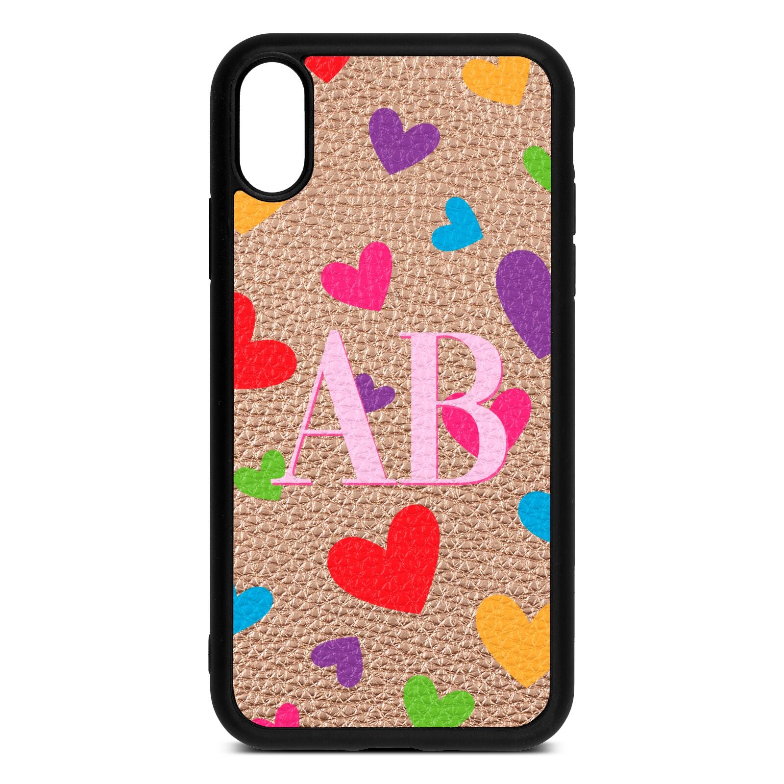 Contrast Initials Heart Print Rose Gold Pebble Leather iPhone Xr Case