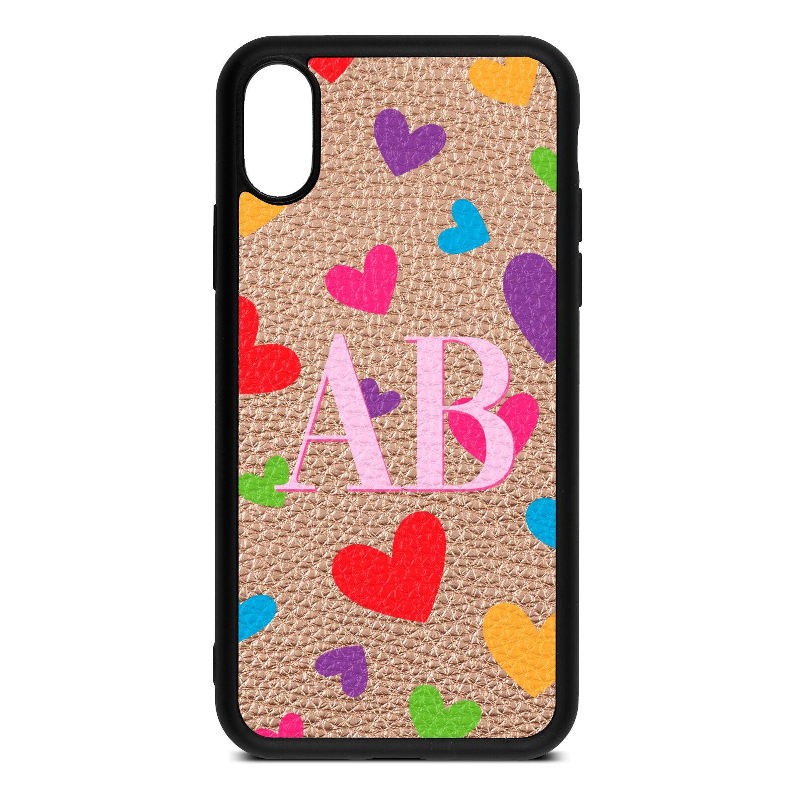 Contrast Initials Heart Print Rose Gold Pebble Leather iPhone Xs Case