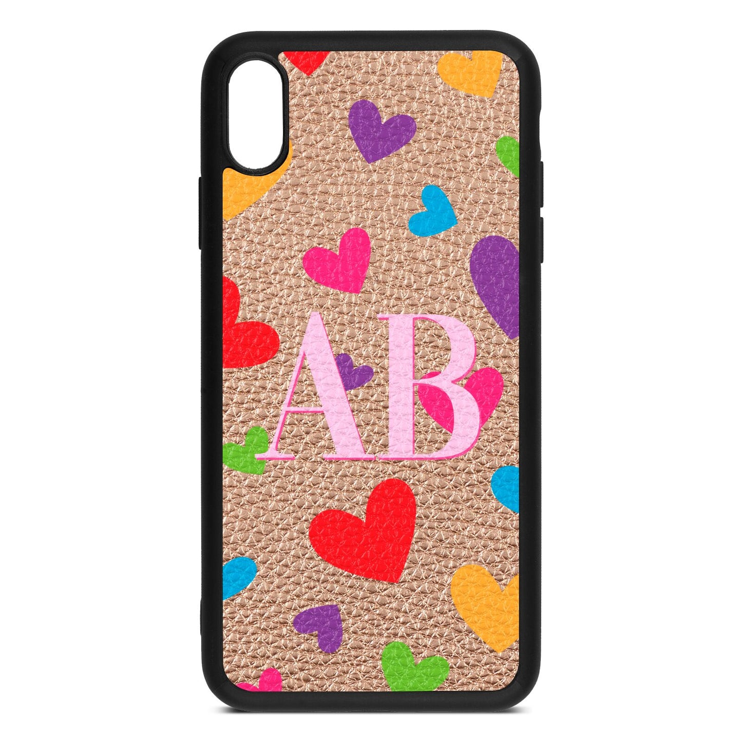 Contrast Initials Heart Print Rose Gold Pebble Leather iPhone Xs Max Case