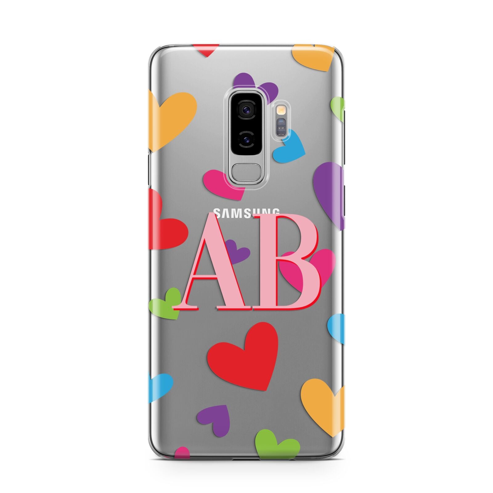 Contrast Initials Heart Print Samsung Galaxy S9 Plus Case on Silver phone