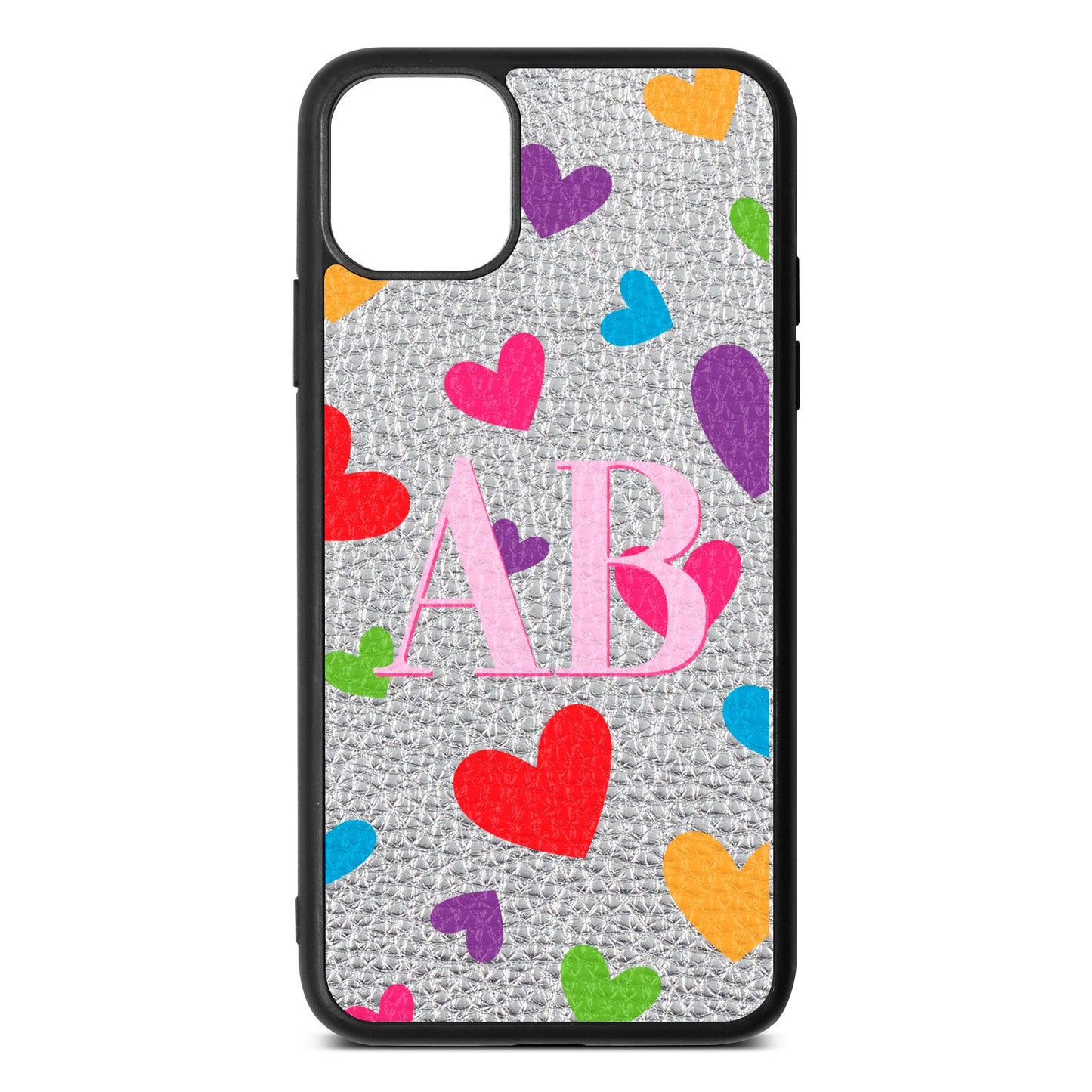 Contrast Initials Heart Print Silver Pebble Leather iPhone 11 Pro Max Case