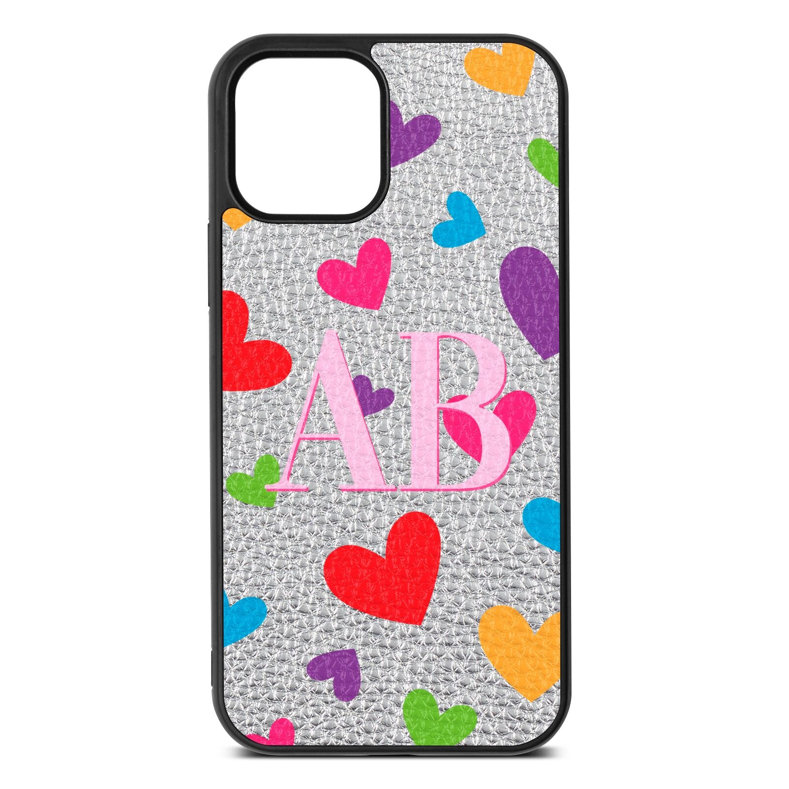 Contrast Initials Heart Print Silver Pebble Leather iPhone 12 Case