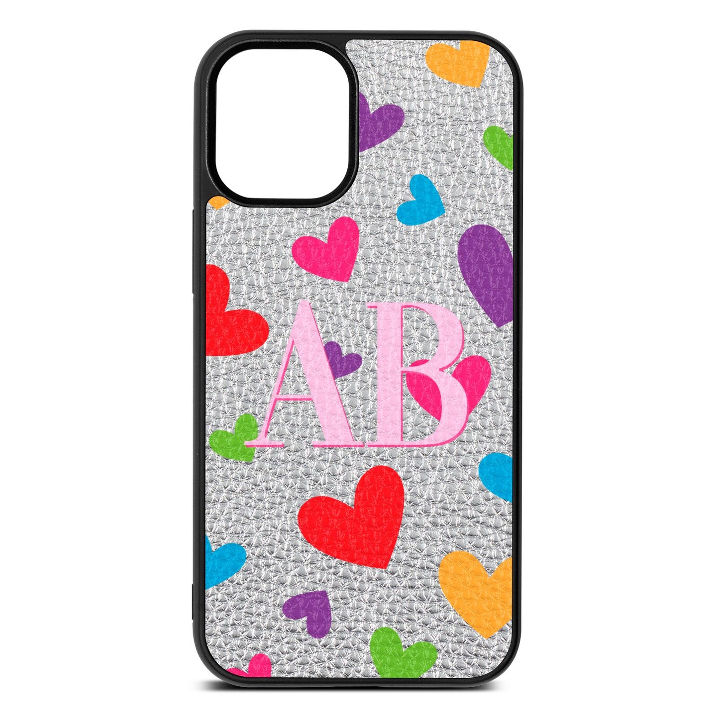 Contrast Initials Heart Print Silver Pebble Leather iPhone 12 Mini Case