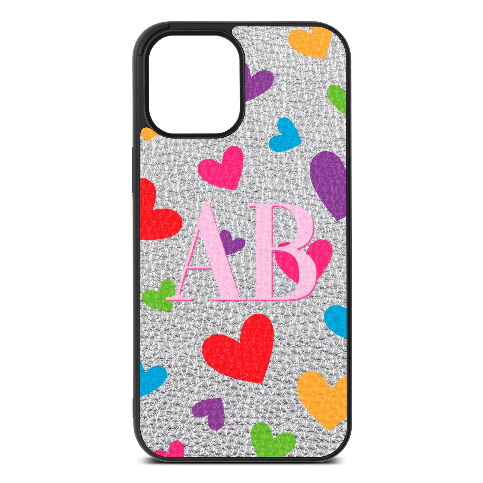 Contrast Initials Heart Print Silver Pebble Leather iPhone 12 Pro Max Case