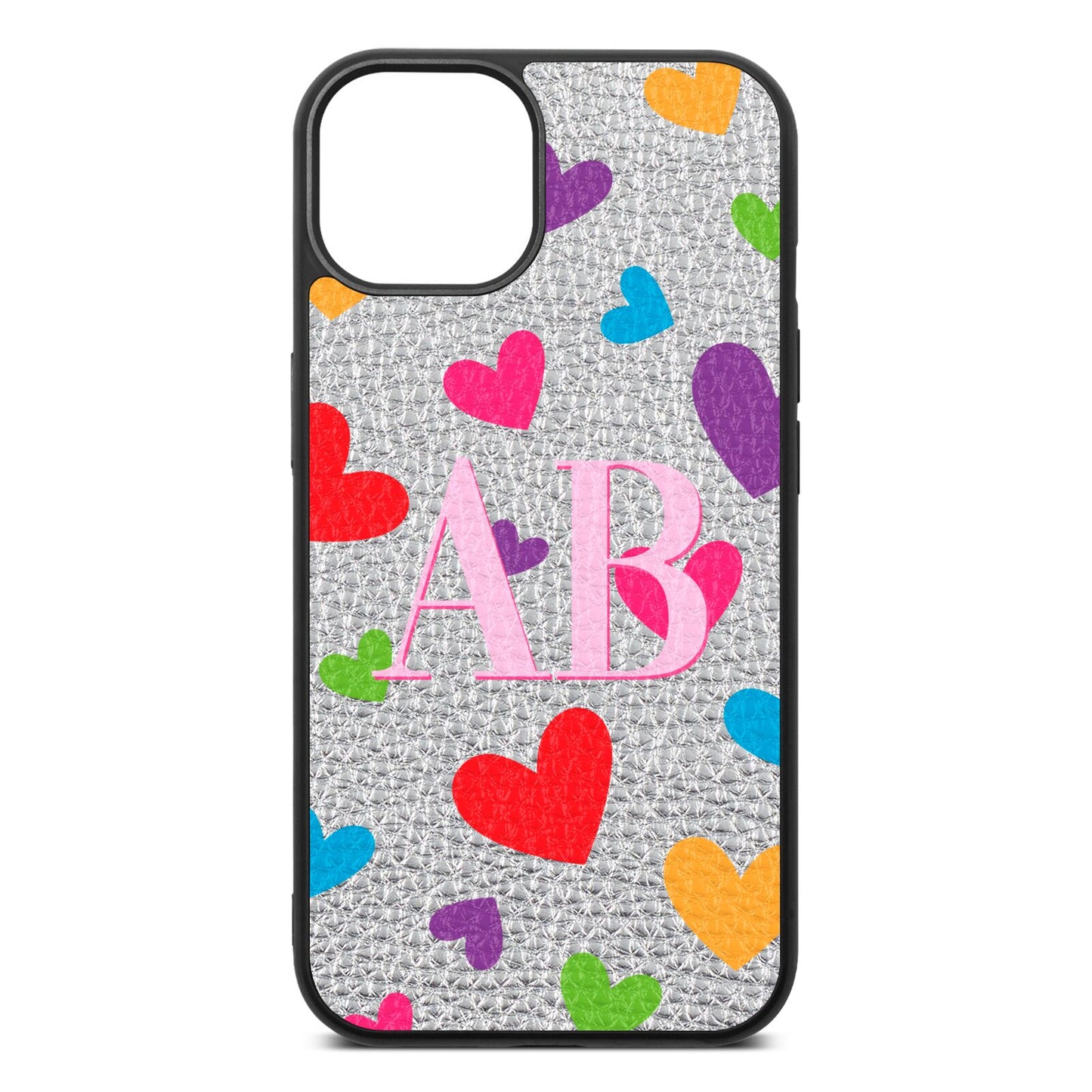 Contrast Initials Heart Print Silver Pebble Leather iPhone 13 Case