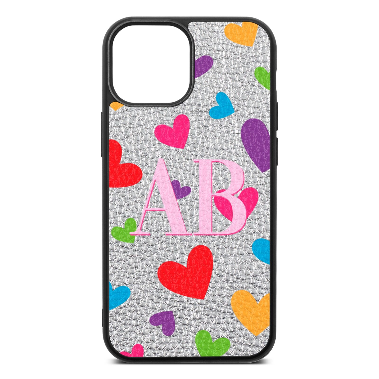 Contrast Initials Heart Print Silver Pebble Leather iPhone 13 Mini Case