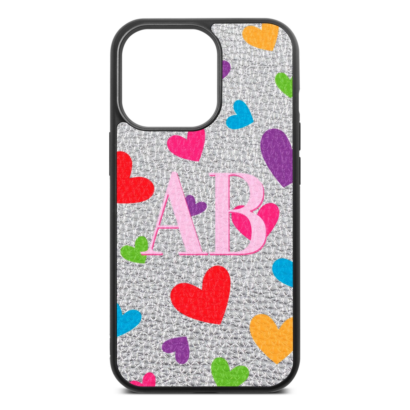 Contrast Initials Heart Print Silver Pebble Leather iPhone 13 Pro Case