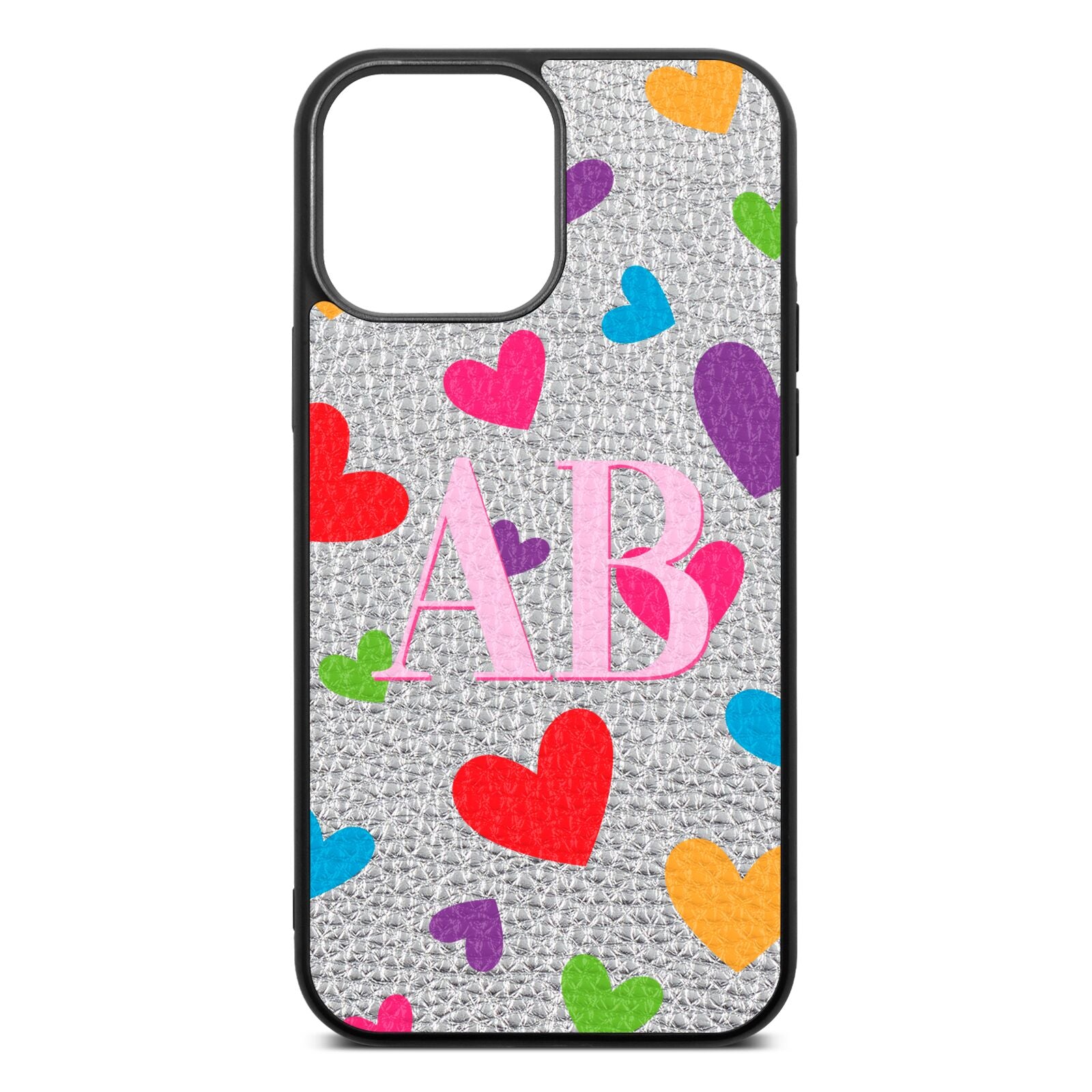 Contrast Initials Heart Print Silver Pebble Leather iPhone 13 Pro Max Case