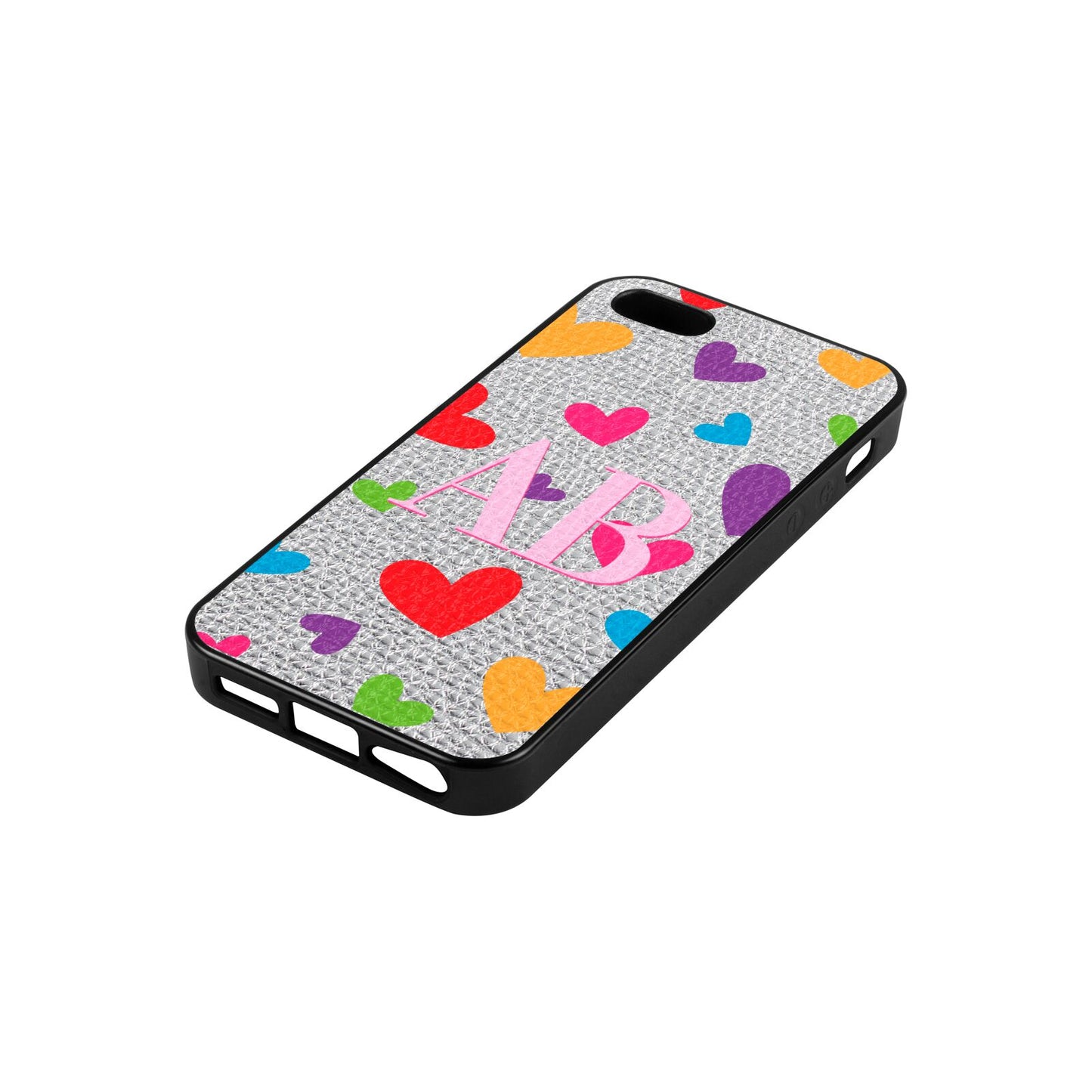 Contrast Initials Heart Print Silver Pebble Leather iPhone 5 Case Side Angle