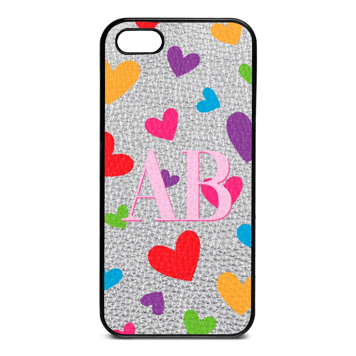 Contrast Initials Heart Print Silver Pebble Leather iPhone 5 Case