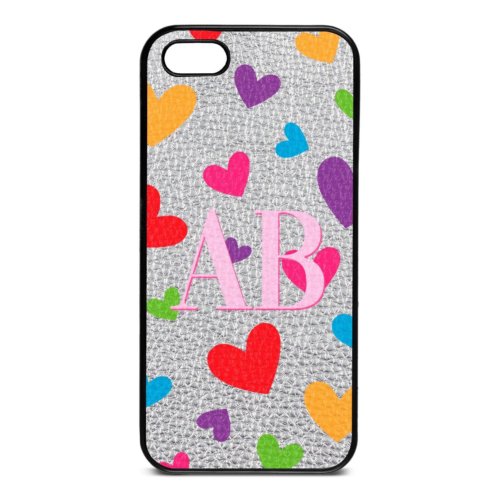 Contrast Initials Heart Print Silver Pebble Leather iPhone 5 Case