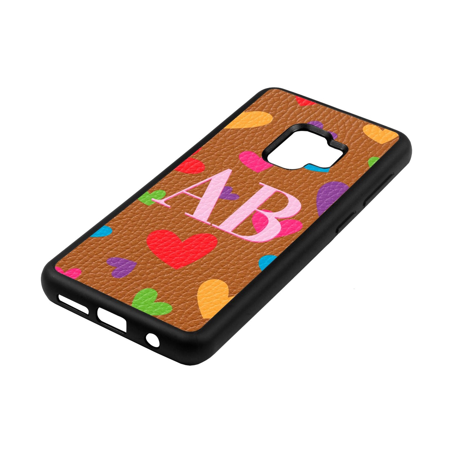 Contrast Initials Heart Print Tan Pebble Leather Samsung S9 Case Side Angle