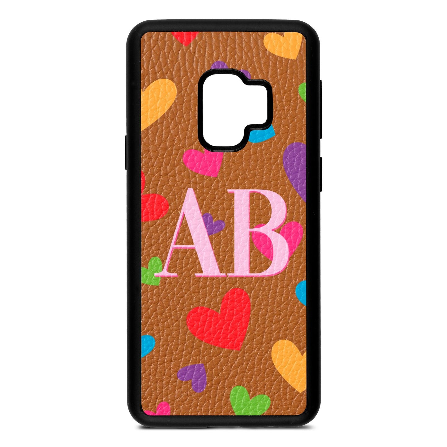 Contrast Initials Heart Print Tan Pebble Leather Samsung S9 Case