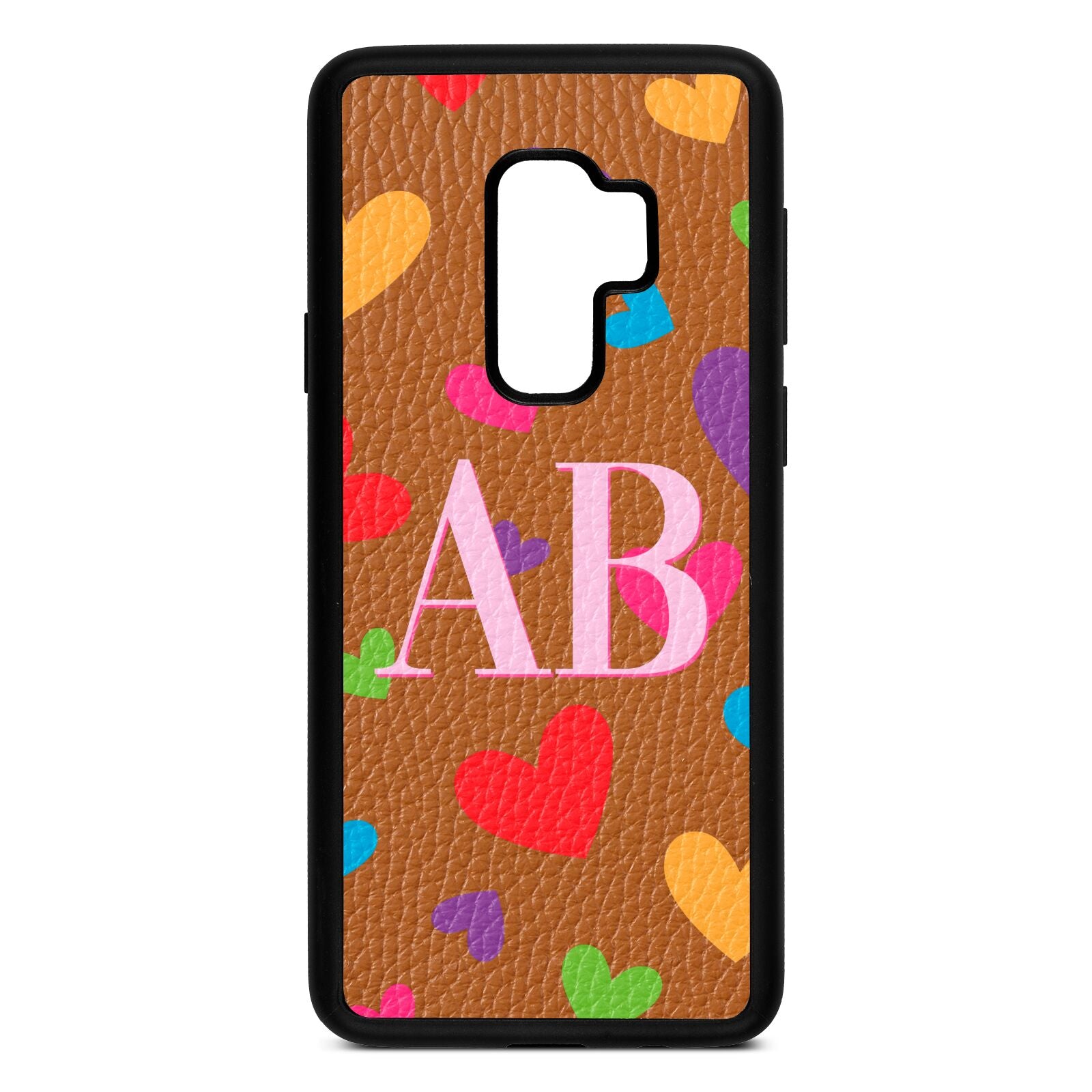 Contrast Initials Heart Print Tan Pebble Leather Samsung S9 Plus Case