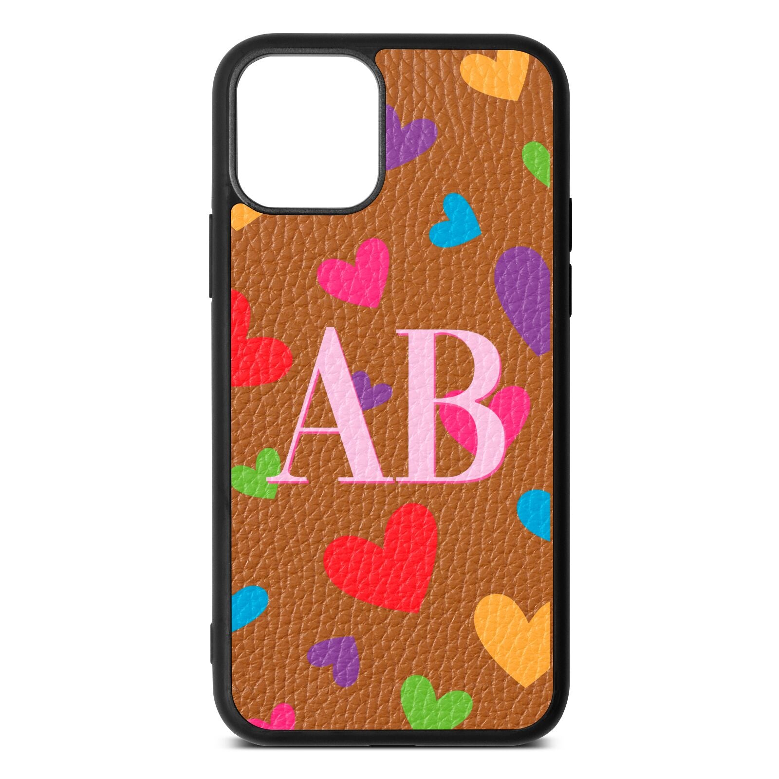 Contrast Initials Heart Print Tan Pebble Leather iPhone 11 Case