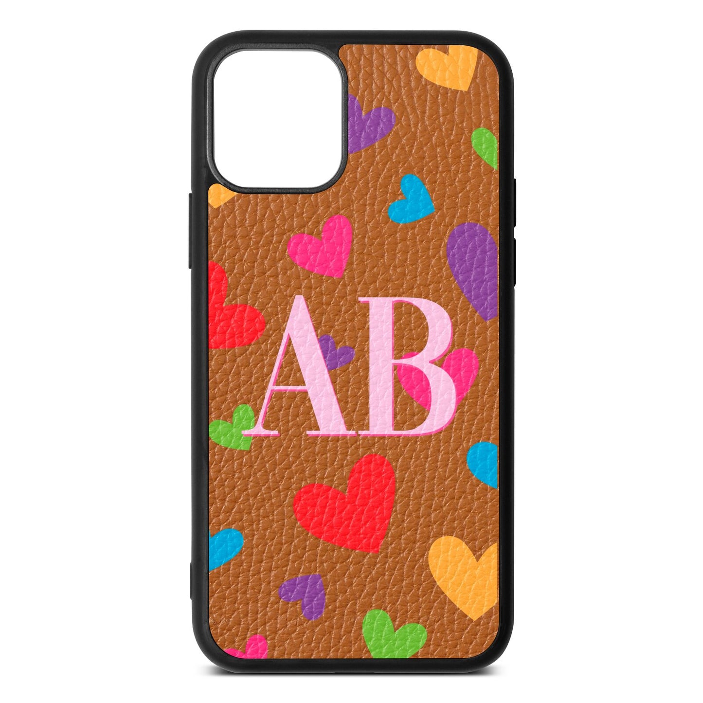 Contrast Initials Heart Print Tan Pebble Leather iPhone 11 Pro Case