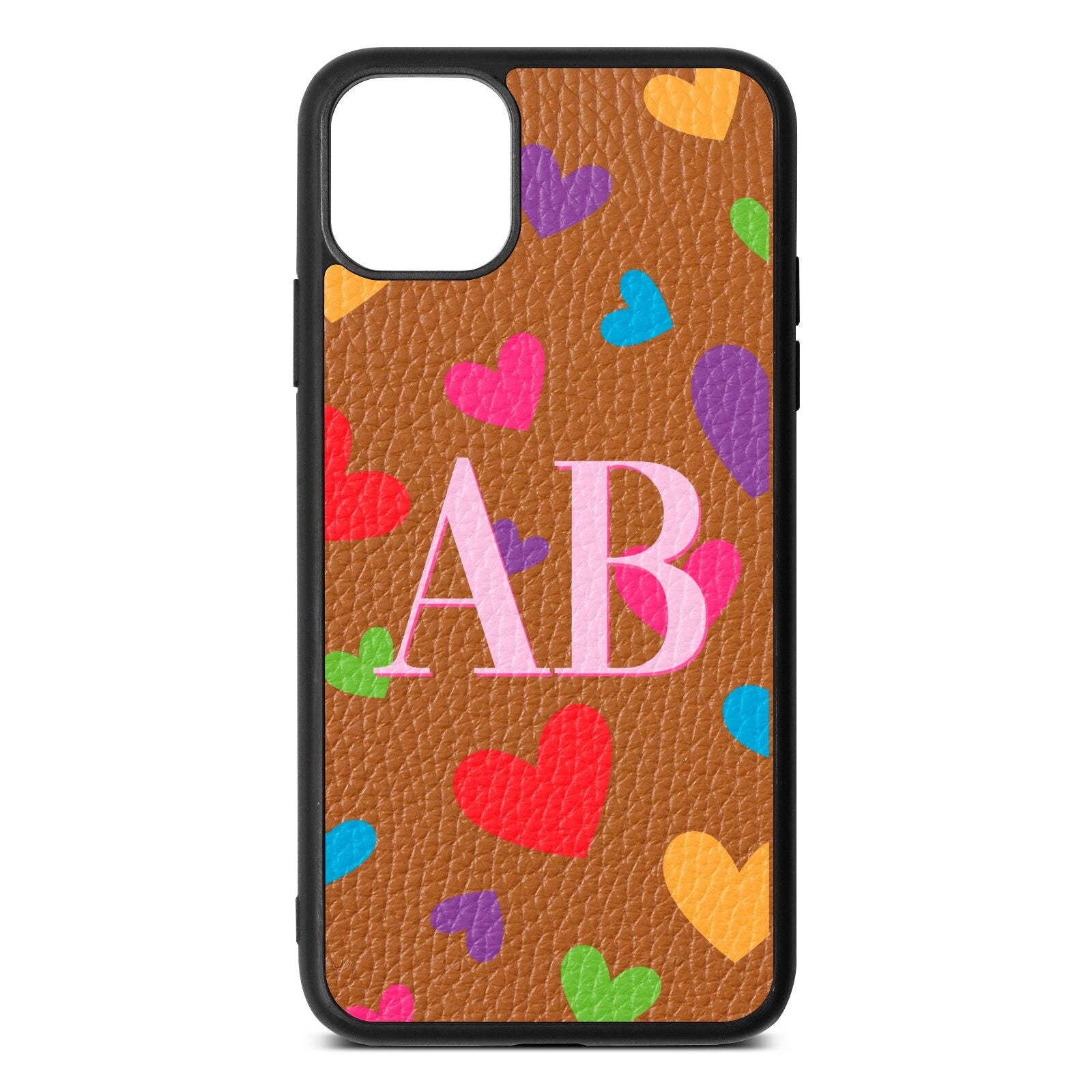 Contrast Initials Heart Print Tan Pebble Leather iPhone 11 Pro Max Case