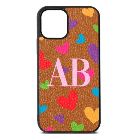 Contrast Initials Heart Print Tan Pebble Leather iPhone 12 Case